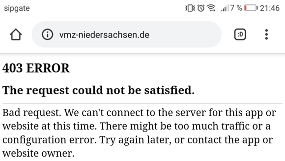 Fehlermeldung VMZ Niedersachsen